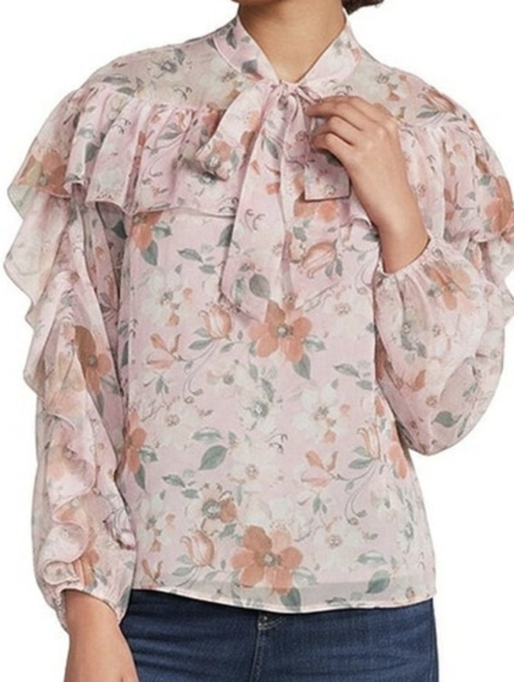 MELLODAY Ruffle Floral Chiffon Tie Neck Long Sleeve Top